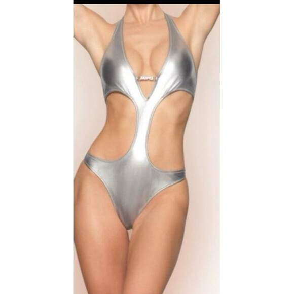 Skims metallic swim halter monokini in nickel one piece XL NWT - Picture 2 of 8
